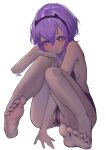  1girl absurdres barefoot blush cameltoe dark-skinned_female dark_skin fate/grand_order fate_(series) feet hair_between_eyes hairband hassan_of_serenity_(fate) highres legs looking_at_viewer nail_polish purple_eyes purple_hair rs2aky short_hair simple_background sitting soles solo toenail_polish toenails toes white_background 