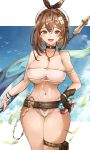  1girl arm_strap ass_visible_through_thighs atelier_(series) atelier_ryza azur_lane bangs bare_shoulders belt bikini blush braid breasts brown_belt brown_eyes brown_gloves brown_hair brown_ribbon choker cleavage collarbone earrings gloves hair_between_eyes hair_ornament hair_ribbon hairclip hat highres jewelry large_breasts leather leather_belt leather_gloves looking_at_viewer navel necklace pubic_hair pubic_hair_peek reisalin_stout ribbon short_hair single_glove skindentation smile solo standing star_(symbol) star_earrings swimsuit thick_thighs thigh_gap thigh_pouch thighs vial white_bikini white_headwear yusha_m 