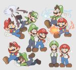  2boys :d angry blooper_(mario) blue_eyes blue_pants brothers brown_footwear brown_hair buttons clenched_hand closed_mouth cup electricity electrokinesis facial_hair fire full_body gloves green_headwear green_shirt grey_background hat holding holding_cup hoshikuzu_pan ink long_sleeves looking_at_another luigi male_focus mario mario_(series) multiple_boys multiple_views mustache one_eye_closed open_mouth overalls pants pyrokinesis raised_eyebrows red_headwear red_shirt shirt shoes short_hair siblings sideways_glance simple_background smile squid steam sweatdrop tripping walking white_gloves 