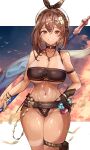  1girl arm_strap ass_visible_through_thighs atelier_(series) atelier_ryza azur_lane bangs bare_shoulders belt bikini blush braid breasts brown_belt brown_eyes brown_gloves brown_hair brown_ribbon choker cleavage collarbone earrings gloves hair_between_eyes hair_ornament hair_ribbon hairclip hat highres jewelry large_breasts leather leather_belt leather_gloves lips looking_at_viewer navel necklace pubic_hair pubic_hair_peek reisalin_stout ribbon short_hair single_glove skindentation smile solo standing star_(symbol) star_earrings swimsuit tan tanlines thick_thighs thigh_gap thigh_pouch thighs vial white_bikini white_headwear yusha_m 