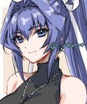  1girl black_shirt blue_eyes blue_hair brown_background closed_mouth commentary_request dog_tags hair_intakes high_ponytail jaggy_lines long_hair looking_at_viewer military military_uniform mitsurugi_meiya muvluv muvluv_alternative outside_border portrait romaji_commentary sakurai_(skri_3527) shirt simple_background sleeveless sleeveless_turtleneck smile solo turtleneck twitter_username uniform watermark 