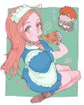  1boy 1girl ? apron bleach blue_dress blush brown_footwear chibi dress eating food full_body heart highres inoue_orihime kurosaki_ichigo looking_at_viewer moccimoccio orange_hair pink_thighhighs pizza pizza_slice seiza short_hair sitting thighhighs white_apron 