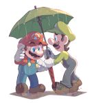  2boys blue_eyes blue_pants brothers brown_footwear brown_hair buttons closed_umbrella facial_hair full_body gloves green_headwear green_shirt green_umbrella hand_up hat holding holding_umbrella hoshikuzu_pan long_sleeves looking_at_another luigi male_focus mario mario_(series) mud multiple_boys mustache open_mouth overalls pants profile puddle rain raised_eyebrows red_headwear red_shirt red_umbrella shirt shoes short_hair siblings simple_background standing teeth umbrella upper_teeth white_background white_gloves 