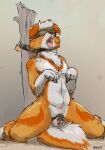  2022 anthro balls begging begging_pose blindfold bound canid canine canis chastity_cage chastity_device chest_tuft collar domestic_dog fur genitals hi_res humanoid_genitalia humanoid_penis kneeling lock male mammal nude open_mouth orange_body orange_fur padlock penis pose rain420 solo tongue tongue_out tuft white_body white_fur 