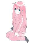  1girl absurdres black_socks blue_eyes blush bocchi_the_rock! cube_hair_ornament full_body gotou_hitori hair_ornament highres jacket long_hair looking_at_viewer no_shoes one_side_up pants pink_hair pink_jacket pink_pants pink_track_suit simple_background sitting socks solo tamura-chan track_jacket track_pants wariza white_background 