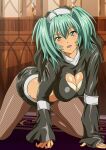  1girl :d all_fours aqua_hair bangs black_shirt black_skirt bra breasts church cleavage cleavage_cutout clothing_cutout fishnet_pantyhose fishnets green_eyes hair_between_eyes heart_cutout ikkitousen indoors large_breasts long_hair long_sleeves microskirt midriff nun open_mouth pantyhose ryofu_housen shiny shiny_hair shirt skirt sleeves_past_wrists smile solo stomach twintails underwear veil white_bra 