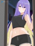  1girl absurdres bangs bedroom black_tank_top blush breasts cleavage highres hololive hololive_indonesia indoors long_hair looking_at_viewer lying md5_mismatch medium_breasts moona_hoshinova nafunafuu navel on_back purple_eyes purple_hair resolution_mismatch self_upload shorts solo source_smaller tank_top virtual_youtuber 