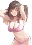  1girl :d absurdres armpits arms_up bangs bikini breasts brown_hair cleavage commentary_request hair_lift hand_in_own_hair highres idolmaster idolmaster_shiny_colors large_breasts lips long_hair looking_at_viewer navel open_mouth pekoni_(peconi) pink_bikini pink_eyes side-tie_bikini_bottom simple_background smile solo string_bikini swimsuit teeth tsukioka_kogane wet wet_hair white_background 