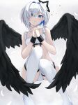  1girl absurdres amane_kanata angel black_wings blue_eyes blue_hair chain colored_inner_hair cuffs fallen_angel feathered_wings frills grey_hair hair_over_one_eye highres hololive looking_at_viewer midriff multicolored_hair norio_(noriosub) own_hands_clasped own_hands_together shackles short_hair sitting solo strapless thighhighs tube_top virtual_youtuber white_thighhighs wings zettai_ryouiki 
