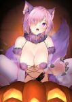  1girl absurdres animal_ears bangs bare_shoulders bow breasts cleavage elbow_gloves fate/grand_order fate_(series) fur-trimmed_gloves fur-trimmed_legwear fur_collar fur_trim gloves hair_over_one_eye highres jack-o&#039;-lantern lace-trimmed_legwear lace_trim large_breasts light_purple_hair looking_at_viewer mash_kyrielight mash_kyrielight_(dangerous_beast) navel o-ring open_mouth pumpkin purple_eyes purple_gloves purple_thighhighs revealing_clothes short_hair solo squatting tail thighhighs tomozero wolf_ears wolf_tail 