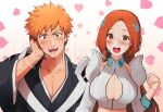  1boy 1girl bleach blush breasts couple hair_ornament hairpin heart hetero inoue_orihime kurosaki_ichigo long_hair looking_at_viewer merick open_mouth orange_hair short_hair sidelocks spiked_hair teeth upper_body watermark 