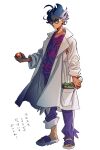  1boy absurdres ahoge black_hair closed_mouth coat collared_coat commentary_request curly_hair glasses grey_eyes highres holding holding_poke_ball jacq_(pokemon) male_focus open_clothes open_coat pants pen_in_pocket poke_ball poke_ball_(basic) pokemon pokemon_(game) pokemon_sv purple_pants purple_shirt sandals shirahama_kamome shirt short_hair simple_background solo standing striped striped_shirt toes translation_request white_background 