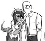  anon_(snoot_game) anthro bald bottomwear ceratopsian clothed clothing cosplay dinosaur duo eyewear facial_horn featureless_face female freckles glasses goodbye_volcano_high hair horn human male mammal markings monochrome ornithischian reptile scalie school_uniform seven_(artist) simple_background size_difference sketch skirt snoot_game_(fan_game) triceratops trish_(gvh) uniform video_games white_background 