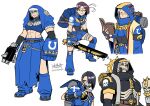  abs adeptus_astartes backpack bag bangs black_eyes black_hair black_hood black_legion blue_hood bolter book brass_knuckles breasts brown_hair chainsword chaos_(warhammer) chaos_space_marine closed_eyes eyeliner fingerless_gloves forehead_jewel genderswap genderswap_(mtf) gloves grey_hair habit hair_over_one_eye headband highres holding holding_book holding_weapon long_skirt makeup mask medium_breasts mouth_mask muscular muscular_female power_fist red_eyes ryuusei_(mark_ii) skirt staff sukeban torn_clothes torn_skirt ultramarines warhammer_40k weapon yellow_eyes 