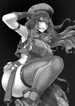  1girl armlet artist_name belt black_background breasts commission gloves greyscale hat highres long_hair magion02 monochrome original sideless_outfit simple_background solo thighhighs 