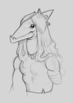  alien alien_humanoid amputee anthro choker clothing cosplay disability fang_(gvh) goodbye_volcano_high hair humanoid jewelry long_hair long_snout looking_at_viewer male monochrome muscular muscular_male necklace sketch snoot_game_(fan_game) snout solo taulsol_(teraurge) teraurge unknown_artist 