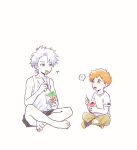  ! 2boys :p barefoot bleach blush brown_eyes choko_egg collarbone commentary crossed_legs eating food full_body green_eyes highres hitsugaya_toushirou holding kurosaki_kazui looking_at_another male_focus multiple_boys orange_hair shaved_ice shirt short_hair short_sleeves shorts sitting socks symbol-only_commentary t-shirt tank_top tongue tongue_out 