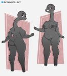  absurd_res anthro black_eyes breasts butt cartoon_network dinosaur duo female genitals grey_body grey_skin hi_res inverted_nipples kevwrite molly_collins nipples overweight overweight_female pubes pussy reptile scalie simple_background the_amazing_world_of_gumball 