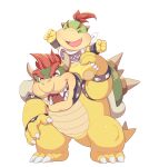  2boys :d ^_^ arm_up armlet arms_up bandana black_collar blush bowser bowser_jr. bracelet claws closed_eyes collar fang father_and_son full_body happy horns hoshikuzu_pan jewelry male_focus mario_(series) multiple_boys no_humans on_shoulder open_mouth red_hair sharp_teeth shell simple_background smile spiked_armlet spiked_bracelet spiked_collar spiked_shell spiked_tail spikes standing tail teeth tongue white_background white_bandana 