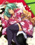  1girl :d alternate_costume aqua_hair black_thighhighs floral_print frilled_kimono frilled_sleeves frills from_above green_eyes ikkitousen indoors japanese_clothes kimono long_hair long_sleeves looking_at_viewer lying on_side open_mouth print_kimono red_kimono ryofu_housen shiny shiny_clothes shiny_hair shiny_legwear shiny_skin short_kimono smile solo tatami thighhighs twintails zettai_ryouiki 