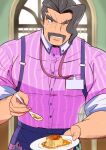  1boy arm_hair bara black_hair brown_eyes collared_shirt facial_hair food holding holding_food holding_spoon large_pectorals looking_at_viewer lyvli male_focus manly mature_male muscular muscular_male mustache one_eye_closed pectorals plate pokemon pokemon_(game) pokemon_sv pudding saguaro_(pokemon) shirt solo spoon striped striped_shirt thick_arms thick_eyebrows vertical-striped_shirt vertical_stripes window 