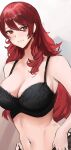  1girl absurdres armpit_crease armpits bangs bare_shoulders black_bra blush bra bra_strap breasts brown_background cleavage curly_hair eyelashes hair_between_eyes hand_on_hip highres kirijou_mitsuru large_breasts long_hair looking_at_viewer midriff navel nero_watch persona persona_3 red_eyes red_hair removing_legwear simple_background smile stomach two-tone_background underwear upper_body white_background 
