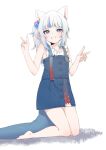  1girl absurdres animal_ears armpit_crease bangs bare_legs barefoot blue_dress blue_eyes blue_hair blue_nails blunt_bangs blush cat_ears cat_girl clenched_teeth collarbone double_v dress eyelashes feet flat_chest frilled_sleeves frills full_body gawr_gura gradient_hair grey_hair hair_ornament hands_up highres hololive hololive_english kneeling legs long_hair looking_at_viewer multicolored_hair nail_polish shadow shark_girl shark_print sharp_teeth side_ponytail sidelocks solo streaked_hair teeth thighs toes v valefal_coneri virtual_youtuber white_hair 