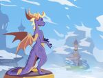  2022 4:3 absurd_res activision bone_frill detailed_background digital_media_(artwork) dragon feral frill_(anatomy) hi_res horn illustration male membrane_(anatomy) membranous_wings purple_body purple_eyes purple_scales scales scalie solo spyro spyro_reignited_trilogy spyro_the_dragon toony tower video_games wanderertamplior western_dragon wings 
