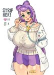  1girl absurdres alternate_breast_size bandaid blush breasts cable_knit coat earrings eyelashes green_eyes highres huge_breasts jacket jewelry labcoat long_hair long_sleeves looking_at_viewer miriam_(pokemon) multicolored_hair open_clothes open_coat pokemon pokemon_(game) pokemon_sv purple_hair school_nurse smile solo sweater thick_thighs thighs thirstformilk two-tone_hair white_coat 