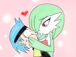  &lt;3 accessory after_kiss bedroom_eyes blue_hair bodily_fluids clothing digital_media_(artwork) digital_painting_(artwork) duo face_squish female gagaxkon gardevoir generation_3_pokemon green_hair hair headband holding_head human humanoid interspecies male male/female mammal narrowed_eyes nintendo pink_background pokemon pokemon_(species) pokemon_trainer pokephilia red_eyes saliva saliva_string seductive shirt simple_background squish surprise sweat sweatdrop topwear video_games 