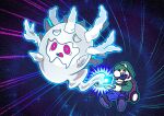  1boy absurdres black_hair blue_eyes clenched_teeth crossover cursola facial_hair fukidashi_cotton green_headwear hat highres luigi luigi&#039;s_mansion male_focus mario_(series) mustache pokemon pokemon_(creature) poltergust_3000 teeth 