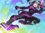  1girl attack black_hair blue_eyes bodysuit boots breasts claw_(weapon) commentary_request finellen flying_kick full_body girls&#039;_frontline girls&#039;_frontline_neural_cloud gloves highres incoming_attack kicking large_breasts long_hair multicolored_hair nascita_(girls&#039;_frontline_nc) open_mouth solo weapon 