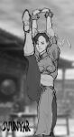  1girl absurdres chinese_clothes chun-li greyscale highres illustraton juunyar legs_up monochrome non-web_source pantyhose stretching variant white_footwear 