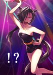  !? 1girl absurdres air_shakur_(umamusume) anger_vein animal_ears arm_up bangs bare_arms bare_shoulders belt black_hair black_nails blank_eyes blush breasts collarbone diffraction_spikes dress emphasis_lines eyebrow_piercing feather_fan feet_out_of_frame full-face_blush hand_fan hand_on_hip highres holding holding_fan horse_ears horse_girl horse_tail lens_flare long_hair open_mouth parted_bangs piercing sharp_teeth short_dress small_breasts solo strapless strapless_dress sweat tail teeth tsutsu_(hinanjo_22) umamusume umayuru upper_teeth v-shaped_eyebrows 