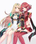  2girls armor armored_dress bangs black_gloves blonde_hair blush bodysuit boots breasts chest_jewel cleavage cleavage_cutout closed_mouth clothing_cutout covered_navel dress fingerless_gloves gloves highres large_breasts long_hair looking_at_viewer multiple_girls mythra_(xenoblade) pyra_(xenoblade) red_eyes red_hair red_thighhighs shinae short_dress short_hair shoulder_armor sitting smile swept_bangs thigh_boots thigh_strap thighhighs tiara white_dress xenoblade_chronicles_(series) xenoblade_chronicles_2 yellow_eyes 