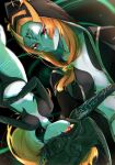  1girl alternate_form breasts cleavage colored_skin green_skin highres hood long_hair midna midna_(true) orange_hair plunging_neckline scrunchie small_breasts the_legend_of_zelda the_legend_of_zelda:_twilight_princess tuki_0427 