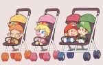  2boys 2girls arms_up baby baby_daisy baby_luigi baby_mario baby_peach blonde_hair blue_eyes blue_pants blush blush_stickers brothers brown_hair closed_eyes crown dress eyelashes full_body gem green_gemstone green_headwear green_shirt grey_background hat hoshikuzu_pan looking_at_another looking_up luigi mario mario_(series) multiple_boys multiple_girls open_mouth orange_dress overalls pacifier pants pink_dress princess_daisy princess_peach red_gemstone red_headwear red_shirt shirt shoes short_hair short_sleeves siblings simple_background sitting smile stroller white_footwear 