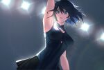  1girl arm_up armpits bangs black_skirt blue_dress blue_eyes blue_hair breasts ciel_(tsukihime) cleavage_cutout clothing_cutout commentary_request dress floating_hair hair_between_eyes highres large_breasts looking_at_viewer madoro_q miniskirt pleated_skirt powered_ciel short_hair skirt sleeveless sleeveless_dress solo teeth tsukihime tsukihime_(remake) upper_teeth 