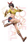  1girl :d bangs blue_shorts breasts character_name cleavage crop_top earrings feet full_body full_moon headband highres jewelry josie_rizal legs long_sleeves looking_at_viewer maka_nyan midriff moon navel open_mouth sandals shirt short_hair shorts smile solo tekken tekken_7 toenails toes white_background yellow_shirt 