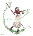  1girl absurdres aerith_gainsborough bangle bangs basket blue_butterfly boots bracelet braid braided_ponytail breasts brown_footwear brown_hair bug butterfly choker cropped_jacket dress final_fantasy final_fantasy_vii final_fantasy_vii_remake flower flower_basket flower_choker full_body green_eyes hair_ribbon highres holding holding_basket holding_staff jacket jewelry long_dress long_hair looking_at_object magic materia parted_bangs pink_dress pink_flower pink_ribbon red_jacket ribbon short_sleeves sidelocks signature smile solo staff standing subakeye wavy_hair white_background yellow_flower 