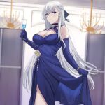  1girl azur_lane bangs bare_shoulders belfast_(azur_lane) belfast_(the_noble_attendant)_(azur_lane) blue_dress blurry blurry_background braid breasts choker cleavage closed_mouth clothes_lift criss-cross_halter dress drink elbow_gloves french_braid gloves grey_hair halter_dress halterneck highres indoors large_breasts long_dress long_hair looking_to_the_side purple_eyes ref_(pmxt4483) side_slit sideways_glance skirt skirt_lift swept_bangs very_long_hair 