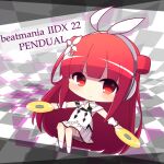  1girl beatmania beatmania_iidx blush character_request chibi closed_mouth commentary_request copyright_name full_body headphones highres holding long_hair looking_at_viewer off-shoulder_shirt off_shoulder pleated_skirt red_eyes red_hair rensei shirt skirt smile socks solo thigh_strap very_long_hair white_shirt white_skirt white_socks wrist_cuffs 