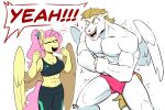  abs anthro blonde_hair bulk_biceps_(mlp) clothing dialogue duo ear_piercing equid equine female flexing flexing_bicep flexing_both_biceps flexing_muscles fluttershy_(mlp) friendship_is_magic hair hasbro hi_res male mammal muscular muscular_anthro muscular_female muscular_male my_little_pony pegasus piercing pink_hair ponytail redxbacon simple_background vein veiny_muscles white_background wings 