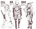  1boy 2girls absurdres boots capelet cent_u corset ear_protection gun hair_over_one_eye highres holding holding_gun holding_weapon medium_hair military military_uniform monochrome monster_girl multiple_girls nude original ponytail rubber_boots serious sidelocks sketch slime_girl soldier standing translation_request uniform weapon 