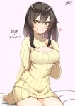  1girl alternate_costume ayuman black_hair blush breasts character_name cleavage closed_mouth dated heart highres kantai_collection long_hair medium_breasts oyashio_(kancolle) ribbed_sweater signature sleeves_past_wrists smile solo sweater turtleneck turtleneck_sweater yellow_eyes yellow_sweater 