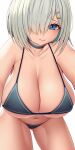  1girl asamura_hiori ass_visible_through_thighs bikini blue_eyes breasts choker cleavage cowboy_shot grey_hair hair_ornament hair_over_one_eye hairclip hamakaze_(kancolle) highres huge_breasts kantai_collection looking_at_viewer short_hair smile solo swimsuit 