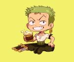  1boy beer_mug blush chibi crossed_legs cup earrings green_hair grin highres jewelry male_focus mug no.6_(numberr_6) one_piece roronoa_zoro short_hair single_earring sitting smile solo sword toned toned_male weapon 