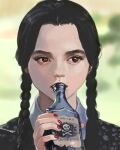  1girl addams_family bangs blurry blurry_background bottle braid brown_eyes highres holding holding_bottle little_thunder nail_polish parted_bangs poison portrait red_nails solo twin_braids twintails wednesday_addams 