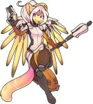  2016 alpha_channel anthro biped blizzard_entertainment cosplay digital_media_(artwork) felid female full-length_portrait fur gun hair holding_gun holding_object holding_weapon mammal megan_hilbert mercy_(overwatch) overwatch pink_body pink_eyes pink_fur portrait pose ranged_weapon shaded simple_background solo transparent_background video_games weapon white_hair yellow_body yellow_fur zyira 