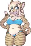  2016 alpha_channel anthro biped blonde_hair blue_bra blue_clothing blue_eyes blue_panties blue_underwear bra clothed clothing countershade_face countershade_fur countershade_torso countershading digital_media_(artwork) eye_through_hair eyebrow_through_hair eyebrows eyelashes felid feline female fur hair hand_on_hip looking_at_viewer mammal navel panties pink_nose portrait shaded simple_background slightly_chubby solo standing striped_body striped_fur stripes three-quarter_portrait translucent translucent_hair transparent_background underwear underwear_only zyira 